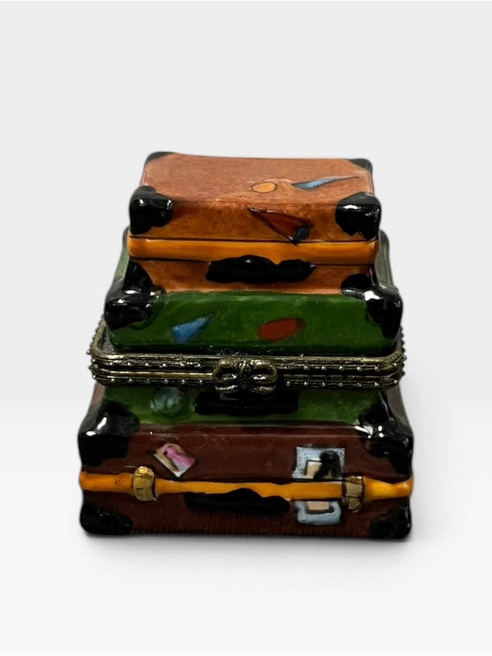 Decorative Stacked Suitcase Trinket Box in Brown, Green & Orange